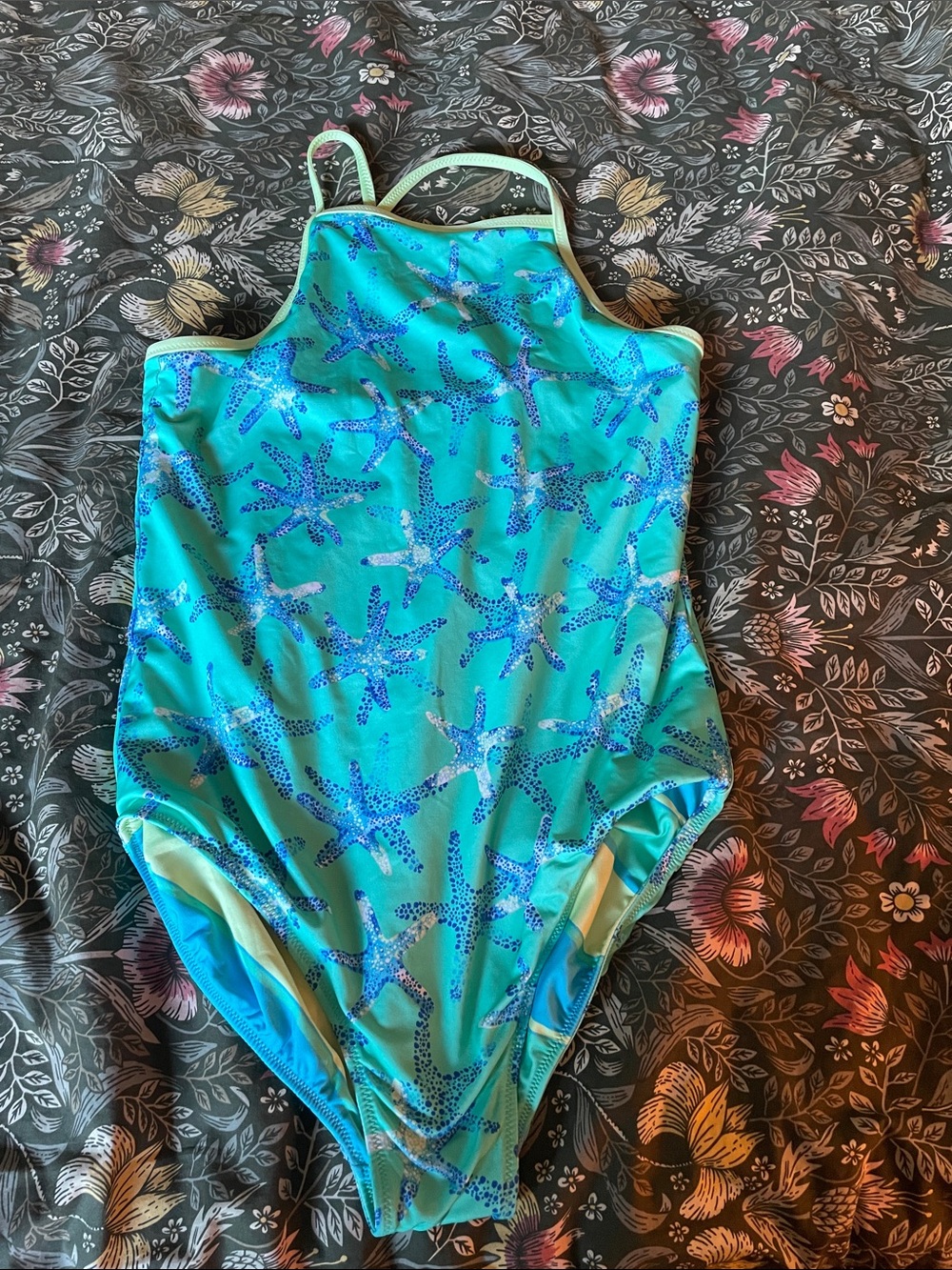 Lands' End Teal One-Piece Swimsuit with Blue Starfish